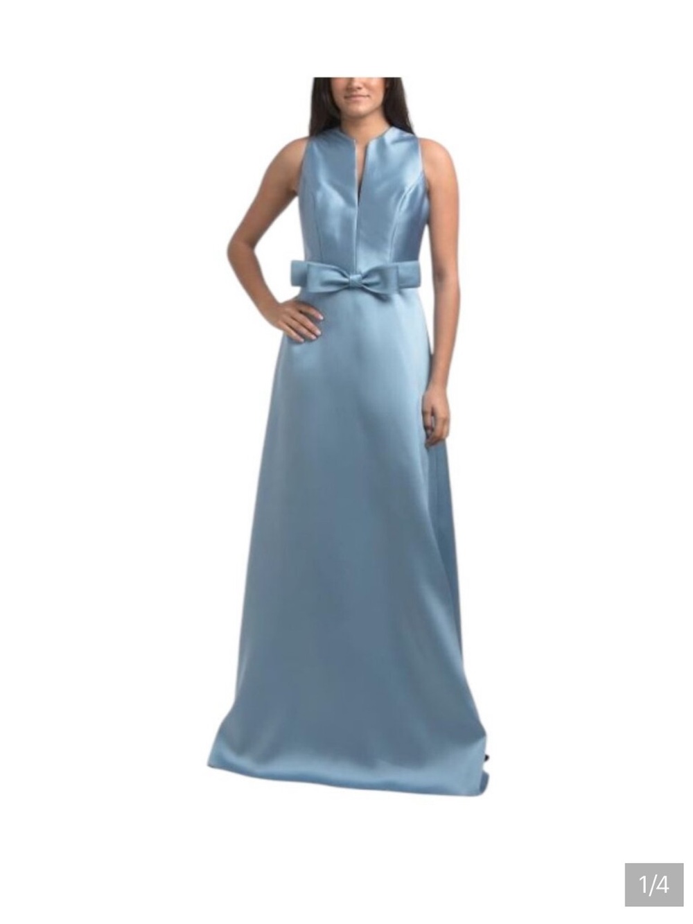 Rene Ruiz Strapless Satin Gown with Waist Bow in Light Blue